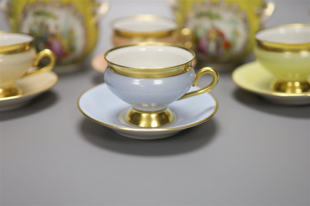 A pair of Dresden cache pots and a Danish porcelain coffee set, tallest 9.5cm